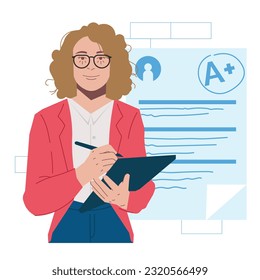 blonde woman giving scores on test in flat illustration