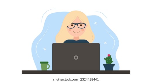 Blonde woman in glasses sitting at a desk with a laptop. Vector illustration.