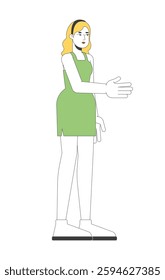 Blonde woman in green dress extending hand for handshake 2D cartoon character. Caucasian girl welcoming and friendly greeting gesture flat vector person isolated on white. Spot illustration colorful