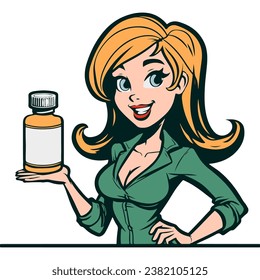 A blonde woman in a green shirt holds a jar of medicines on her hand