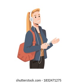 Blonde woman in headphones and smartphone with bag isolated flat cartoon character. Vector pretty caucasian girl listening to music by phone. Student girl in fashion casual cloth with earphones