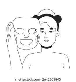 Mulher loira segurando a ilustração do contorno da máscara da folha facial. Cuidado de pele do rejuvenescimento. Mulher branca caucasiana aplicando máscara facial personagem de linha 2D isolado em branco. Imagem linear de tinta vetorial monocromática