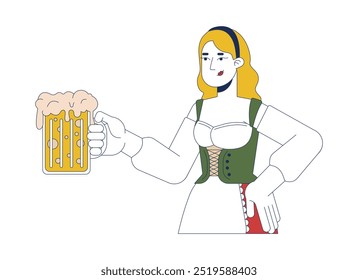 Mujer rubia que sostiene la taza de cerveza espumosa personaje de dibujos animados 2D. Mujer caucásica feliz en la vestimenta tradicional en el Vector plano aislado de la persona del partido oktoberfest en el fondo blanco. Ilustración de punto colorido