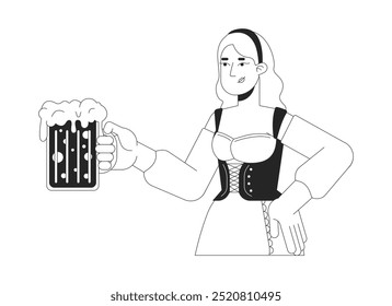 Mujer rubia que sostiene la taza de cerveza espumosa carácter blanco y negro de la línea 2D. Mujer caucásica feliz en la vestimenta tradicional en la persona aislada del contorno del Vector del partido oktoberfest. Ilustración de punto monocromático