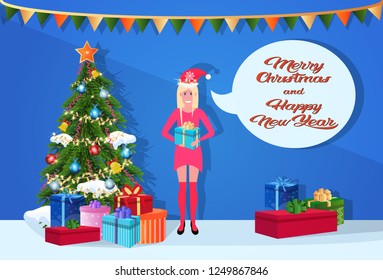 blonde woman holding gift box chat bubble happy new year merry christmas concept flat horizontal inscription