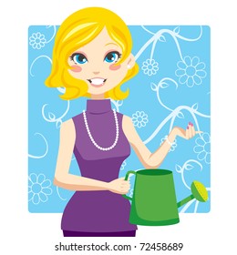 Blonde woman holding a green watering can with her hand