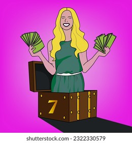 Blonde woman holding money in hands inside chest with pink background