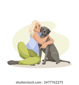 Una mujer rubia abrazando a un perro gris. Ilustración vectorial sobre fondo blanco. Concepto de amistad y amor por las mascotas. Ilustración vectorial