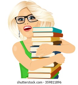 blonde woman hugging stack of books happily