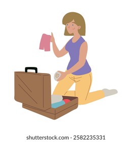 Blonde woman kneeling while putting clothes into a suitcase isolated vector illustration