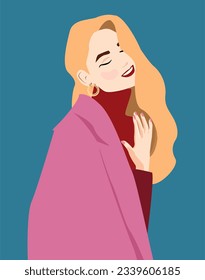 A blonde woman with long blonde hair smiles. Blonde in a red turtleneck and a pink coat. Fashionable avatar for social networks. Stylish vector illustration for women's fashion magazine