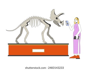 Mujer rubia mirando el fósil de triceratops muestra el personaje de dibujos animados lineal 2D. Mujer con el fondo blanco aislado de la persona del Vector de la línea del teléfono. Ilustración de punto plano del color del recorrido del museo de historia natural