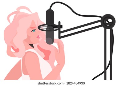 mujer rubia haciendo podcast chica en línea hablando con un micrófono en la radio horizontal imagen vectorial en línea