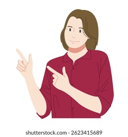 A blonde woman in a maroon shirt is making a gesture pointing at interesting material