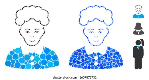 Blonde woman mosaic of round dots in variable sizes and color tints, based on blonde woman icon. Vector round elements are united into blue mosaic. Dotted blonde woman icon in usual and blue versions.