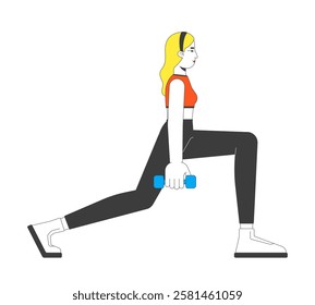 Blonde woman performing lunges while holding dumbbells 2D cartoon character. Caucasian female in sports bra and leggings isolated person flat vector on white background. Spot illustration colorful