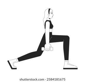 Blonde woman performing lunges while holding dumbbells black and white 2D line character. Caucasian female in sports bra and leggings isolated vector outline person. Monochromatic spot illustration