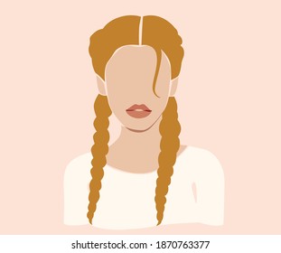 Mujer rubia con pigtails. La cara de la vectora en el fondo rosado aislado. 