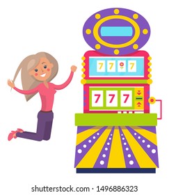 Blonde woman playing game of chance casino. Lucky female gambler taking risks and winning money. Slot Machine with Lucky seven, jackpot image. Vector illustration in flat cartoon style