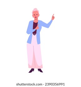 Blonde woman point up, vector illustration isolated on white background. Happy and smiling female character show hand gesture with the index finger. Drawing in flat cartoon style