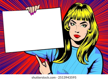 Blonde woman pointing finger at blank board, Holding White Blank Card. Pointing finger poster emtpy copy space. Hand drawn, Pop Art Comic Book illustration, Vector. Classic Serious Advertising