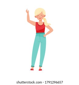 Blonde Woman with Ponytail Wearing Sweatshirt and Jeans Standing and Waving Hand Vector Illustration