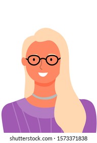 Blonde woman portrait view, vector cartoon character in glasses and purple sweater. Business lady, userpic of online consultant or helper, female avatar