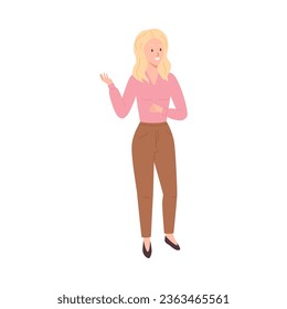 Blonde woman in presenting pose, explaining, showing. Pretty young business mentor, lecturer, coach or teacher. Corporate training or education project. Vector illustration presenter cartoon character