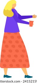 Blonde woman in purple top and polka dot skirt walking with a coffee cup. Casual stroll with a takeaway drink vector illustration.