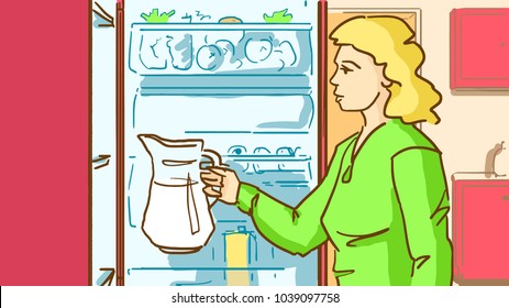 Blonde woman puts to the refrigerator a carafe with water or milk. Cartoon color vector sketch.