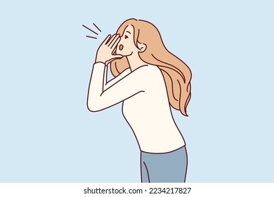 Blonde woman putting hands to mouth screaming inviting everyone to promotion or sale. Lady in casual clothes loudly calls you to pay attention using palms instead of megaphone. Flat vector design 