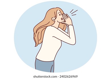 Blonde woman putting hands to mouth screaming inviting everyone to promotion or sale. Lady in casual clothes loudly calls you to pay attention using palms instead of megaphone. Flat vector design