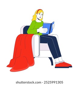 Mujer rubia leyendo libro en acogedor sillón 2D personaje de dibujos animados. Mujer joven caucásica disfrutando de la novela. Afición de Bookworm persona aislada Vector plano sobre fondo blanco. Ilustración de punto colorido