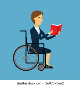 Blonde woman reads red book on a wheelchair. European disabled business lady sitting in wheel chair. Concept of online working, learning, courses. Vector cartoon flat illustration. 