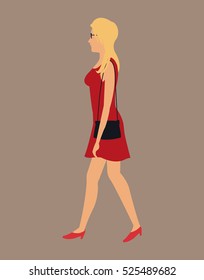 blonde woman red dress bag walking