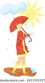 Blonde woman in red raincoat and yellow boots under an umbrella. Changing weather with sun and rain, optimistic spring concept. Vector illustration