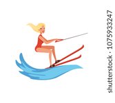 Blonde woman in red swimsuit riding waterski, water skiing, water sport activity vector Illustration on a white background