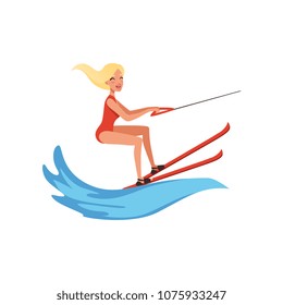 Blonde woman in red swimsuit riding waterski, water skiing, water sport activity vector Illustration on a white background