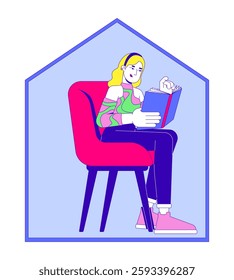 Blonde woman relaxing with book in cozy armchair at home 2D cartoon character. Reading time. Mindful living. Homebody isolated person flat vector on white background. Spot illustration colorful