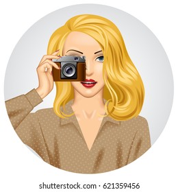 Blonde woman with retro photo camera in her hand. Vintage stylized business concept. Vector illustration