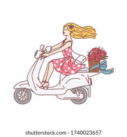 Blonde woman riding a white scooter and smiling - modern urban transportation rider. Cartoon girl sitting on motorcycle with flower basket - flat isolated vector illustration