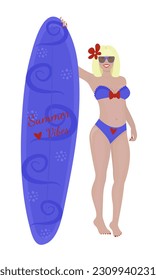 Blonde woman with sailboard colorful illustration