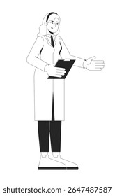 Mulher loira cientista segurando prancheta em jaleco de laboratório 2D personagem linha. Pesquisadora mulher especialista em ciência gestos explicando isolados vetor tinta contorno pessoa. Ilustração de ponto monocromático