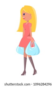 Blonde woman with shopping bags, vector illustration of girl shopaholic and disposable packs side view, consumer successful shopper isolated on white.