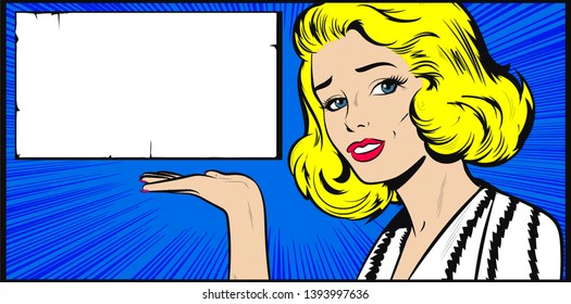 Blonde  woman showing empty white Blank Board Banner Showing Empty Copy Space on the Open Hand. Retro Comic book cartoon Pop Art colored drawing, vintage vector illustration