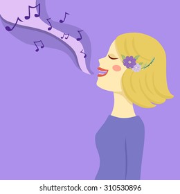 Blonde Woman Sing a Song. Vector illustration of a blonde short hair woman singing a song in purple background.