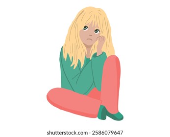 Blonde woman sitting in sadness, deep thoughts. Melancholic female feeling lonely, lost. Concept of solitude, depression, introspection, mental health awareness, emotional struggle. White background