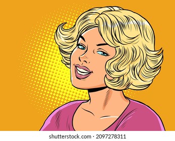 Blonde woman smiling, beautiful people. Portrait of a girl with a short haircut. Pop Art Retro Vector Illustration Vintage kitsch 50s 60s Style