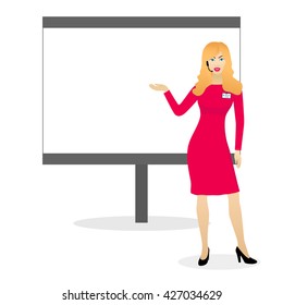 Blonde woman speaker with headset microphone. Business woman speaks and points to presentation screen. Business concept for coaching, staff training, presentation. Vector illustration.