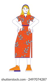 Mujer rubia de pie con las manos en las caderas personaje de dibujos animados 2D. Vestido de verano caucásico femenino aislado Vector plano persona fondo blanco. Ilustración de mancha de color de verano de moda contemporánea